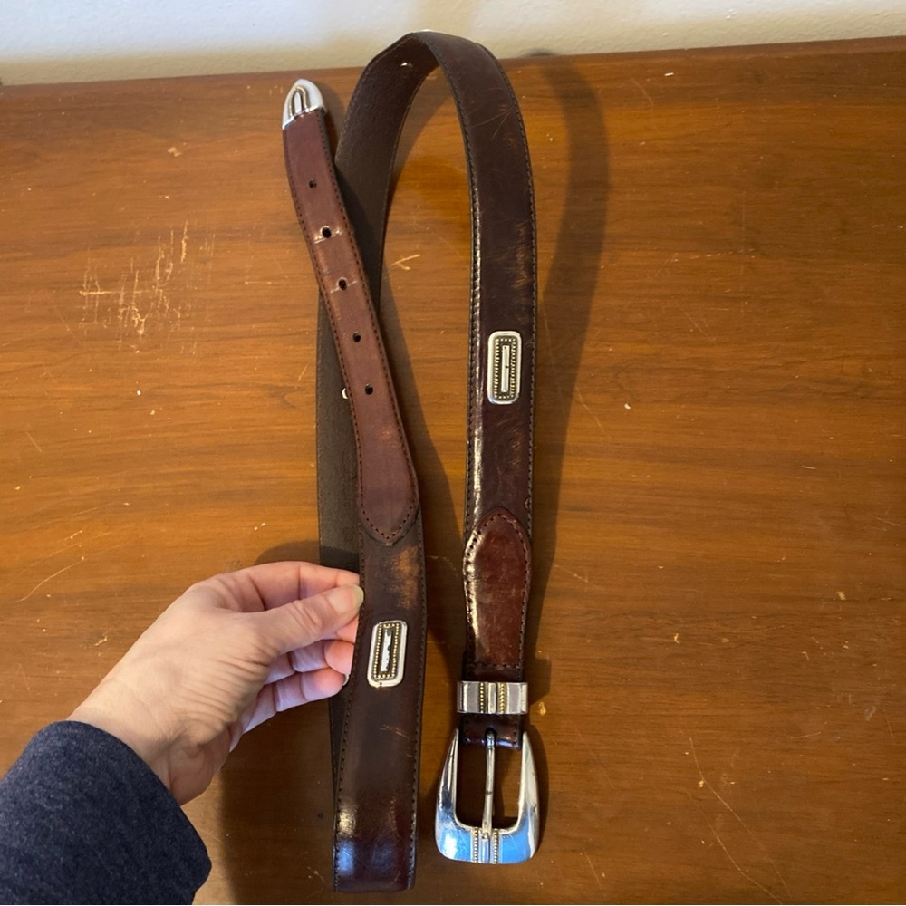 Fossil Vintage Men's Dark Brown Leather Belt with Silver Hardware and Accents